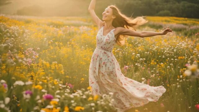 A woman in a flowing floral dress twirls through a field of wildflowers, her laughter echoing in the air