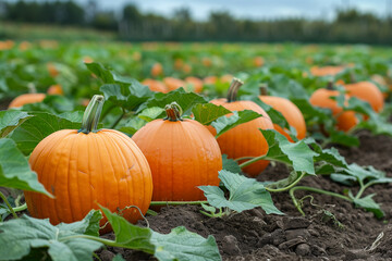 Rows of pumpkins ready for harvest