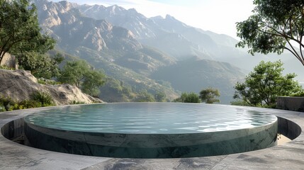 Stunning 3D render of a circular pool with a breathtaking mountain view, emphasizing the serene natural setting and tranquil atmosphere.