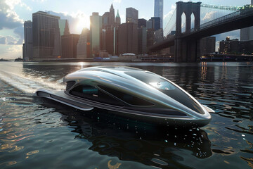 A futuristic watercraft gracefully navigates a river with a city skyline and bridge in the background, evoking innovation and modern exploration.