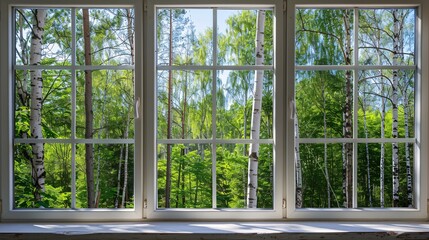 White Window Frame. Outside View of Forest with Blue Sky and Trees, Capturing Serene Natural Beauty and Tranquility from Indoors.