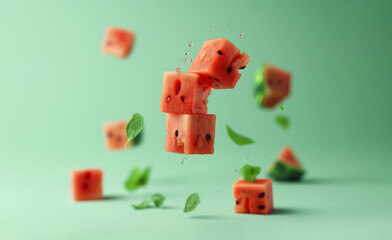 Creatively scattered fresh watermelon cubes balancing and floating on a plain light blue and mint background