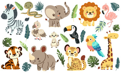 Set of flat vector illustrations in children's style of savannah animals. Cute rhinoceros lemur lion flamingo toucan vulture vulture snake zebra parrot tiger giraffe leopard cheetah tropical leaves