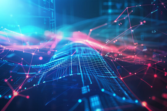 Vibrant digital network with dynamic blue and pink nodes and connections, forming a complex, pulsating web, embodying connectivity and futuristic technology.