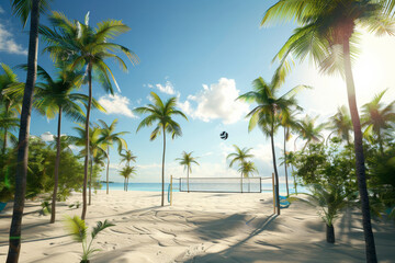 A serene beach scene with tall palm trees, a volleyball net, and a clear blue sky, inviting for a relaxing day by the ocean.