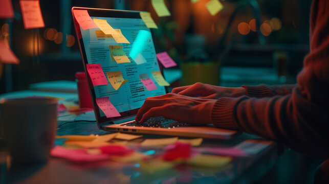 Close up woman's hand working in a night, Paper note stick reminder in laptop, Feels tired from too much work.