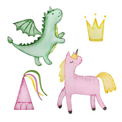 Watercolor fairy tale set princess, nursery illustration