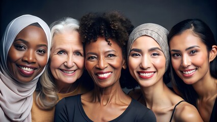 Fototapeta premium A diverse group of women smiling together, showcasing unity and beauty across ages and cultures.
