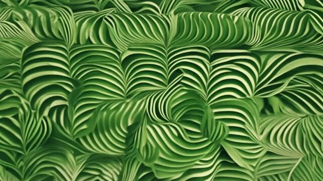 Geometric foliage patterns in shades of green are displayed in a vertical animation