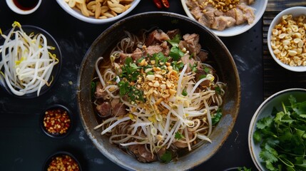 Thai noodle soup (kuay teow) served with pork, bean sprouts, and herbs.