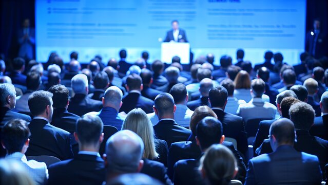 A large audience attends a professional business conference, with a speaker on stage giving a presentation. Corporate event in a modern setting.