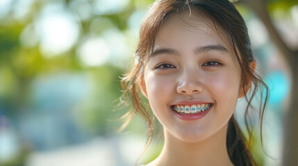 Fototapeta premium joyful korean teenager with braces smiling outdoors with natural background