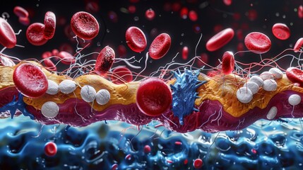 3D illustration of a blood clot with fibrin fibers, red blood cells, white blood cells, and activated platelets intricately detailed in vivid colors.