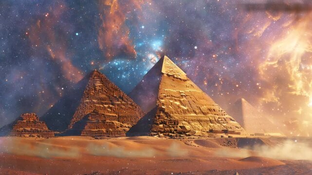 two pyramids above the desert at night video background 