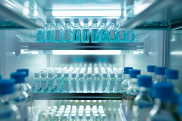Shelves filled with vials of blue liquid inside a high-tech refrigerator.