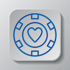 Casino, poker chip, heart simple icon vector. Flat design. Paper cut design. Cutted blue symbol with shadow. Gray badge button, gray background