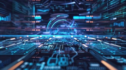 Futuristic digital interface with glowing blue and orange circuitry in a high-tech environment