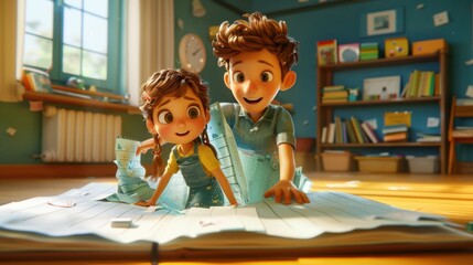 An imaginative scene of a boy helping a girl emerge from an exercise book page, blending reality with creativity.