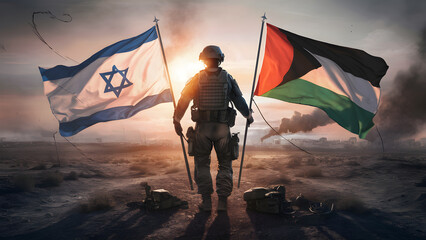 Back view of soldiers holding Israeli flag and Palestinian flags on the background of ruins of the city after the war.