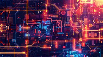 Futuristic Abstract of Intricate Circuits and Metallic Technological Architecture with Neon Accents