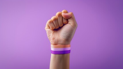 A clenched fist raised powerfully against a lavender background, wrapped in the stripe colors of the transgender pride flag, symbolizing strength and resilience.