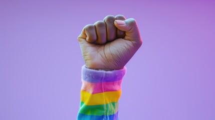 Fototapeta premium A clenched fist raised powerfully against a lavender background, wrapped in the stripe colors of the transgender pride flag, symbolizing strength and resilience.