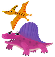 cartoon happy and funny colorful prehistoric dinosaur dino dimetrodon and quetzalcoatlus pterodactyl bird flying isolated illustration for children © honeyflavour