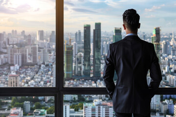 Fototapeta premium A man in a suit gazes out of a large window overlooking a bustling city, embodying ambition and contemplation in an urban setting.