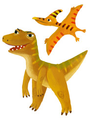 cartoon happy and funny colorful prehistoric dinosaur dino velociraptor and quetzalcoatlus pterodactyl bird flying isolated illustration for children