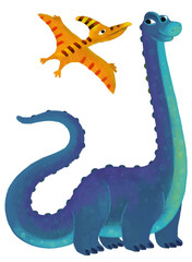 cartoon happy and funny colorful prehistoric dinosaur dino brachiosaurusand quetzalcoatlus pterodactyl bird flying isolated illustration for children © honeyflavour