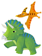 cartoon happy and funny colorful prehistoric dinosaur dino triceratops and quetzalcoatlus pterodactyl bird flying isolated illustration for children © honeyflavour