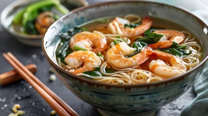 The national cuisine of Japan. Japanese shrimp soup. 