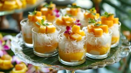Traditional Thai desserts, including mango sticky rice and coconut jelly.