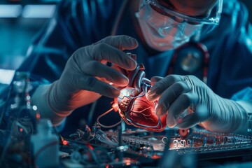 Biomedical Engineer Working on Heart Implant with Advanced Tech Tools in Medical Lab