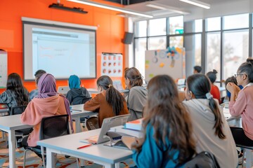 A diverse group of students in a modern classroom, engaged in an interactive learning session