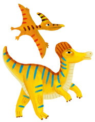 cartoon happy and funny colorful prehistoric dinosaur dino cerythosaurus and quetzalcoatlus pterodactyl bird flying isolated illustration for children