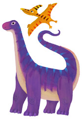 cartoon happy and funny colorful prehistoric dinosaur dino argentinosaurus and quetzalcoatlus pterodactyl bird flying isolated illustration for children