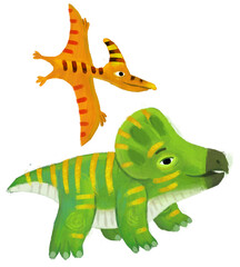 cartoon happy and funny colorful prehistoric dinosaur dino protoceratops and quetzalcoatlus pterodactyl bird flying isolated illustration for children © honeyflavour