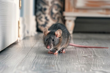 A curious rat scurries across a wooden floor, surrounded by warm home decor.