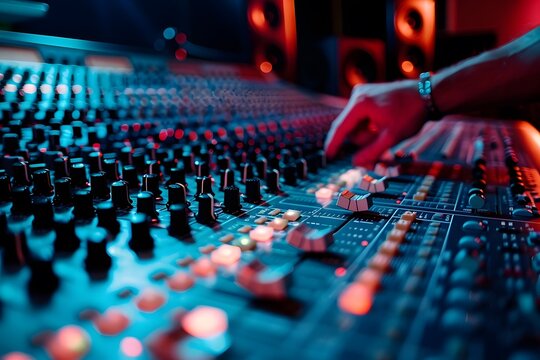 A music producer adjusting sound levels on a mixing console in a recording studio, showcasing the music production process