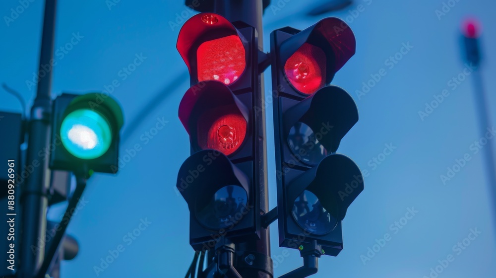 Poster Traffic lights with integrated cameras for monitoring and enforcing traffic violations.