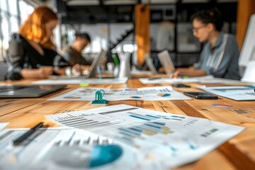 A team of marketers analyzing data and charts in a conference room, emphasizing strategy and analytics 