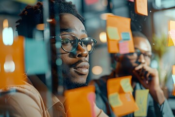 Close-up of a team brainstorming with sticky notes on a glass wall, emphasizing innovation and collaboration 