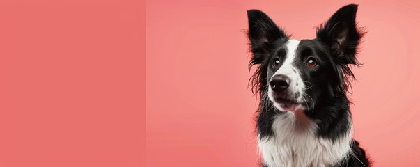 Fototapeta premium A black and white dog with a curious look on its face on pink background. Free copy space for banner.