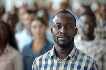 Fototapeta premium A man stands confidently in a diverse crowd, his focused gaze reflecting leadership, unity, and the spirit of community and solidarity.