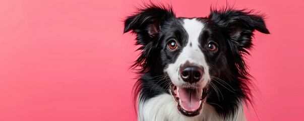 Fototapeta premium A black and white dog with a curious look on its face on pink background. Free copy space for banner.