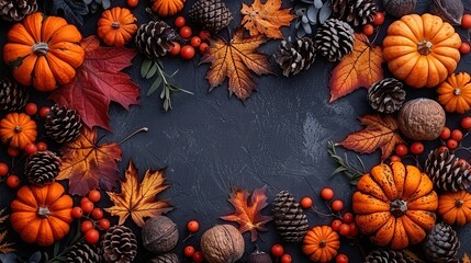 Fototapeta premium autumn background,pumpkins fall leaves berries walnuts pine cones flat lay top view overhead