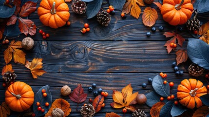 autumn banner,pumpkins fall leaves berries walnuts acorns on wooden table happy thanksgiving day background flat lay top view copy space
