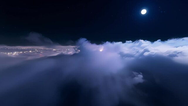 Pov flight throw magic night clouds with moon.