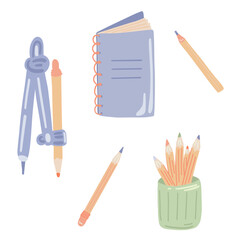 Vector Set of School Stationery Supplies flat design with notebook